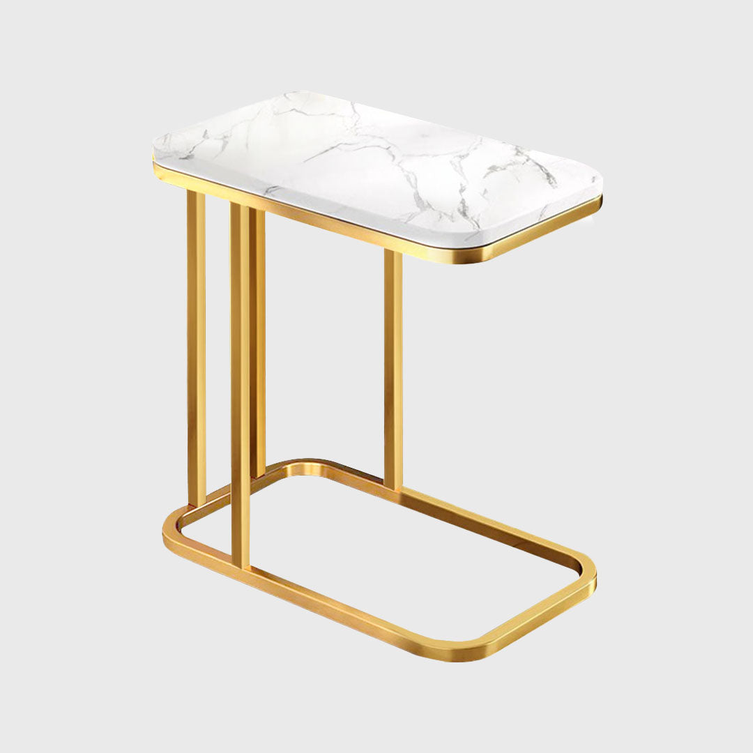 30x50cm White Ceramic Sofa Side Square Mini Table w/ Gold Metal Legs