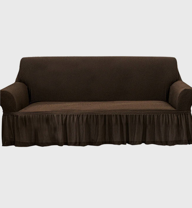 Coffee Colored 4- Seater Sofa Cover with Ruffled Skirt