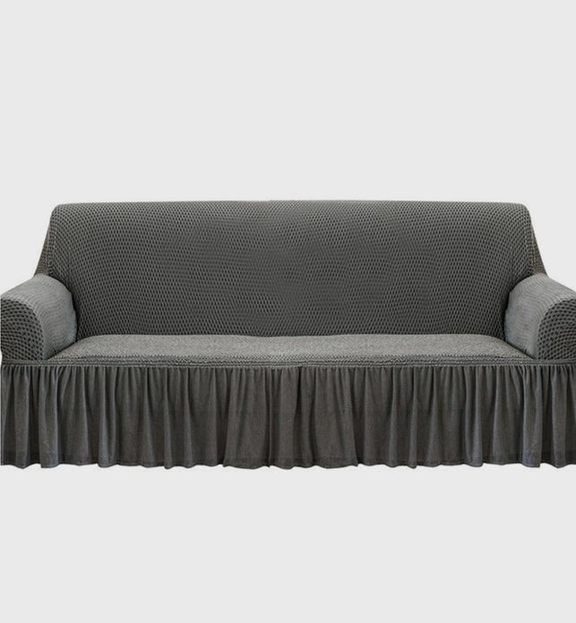 Grey Colored 3- Seater Sofa Cover with Ruffled Skirt