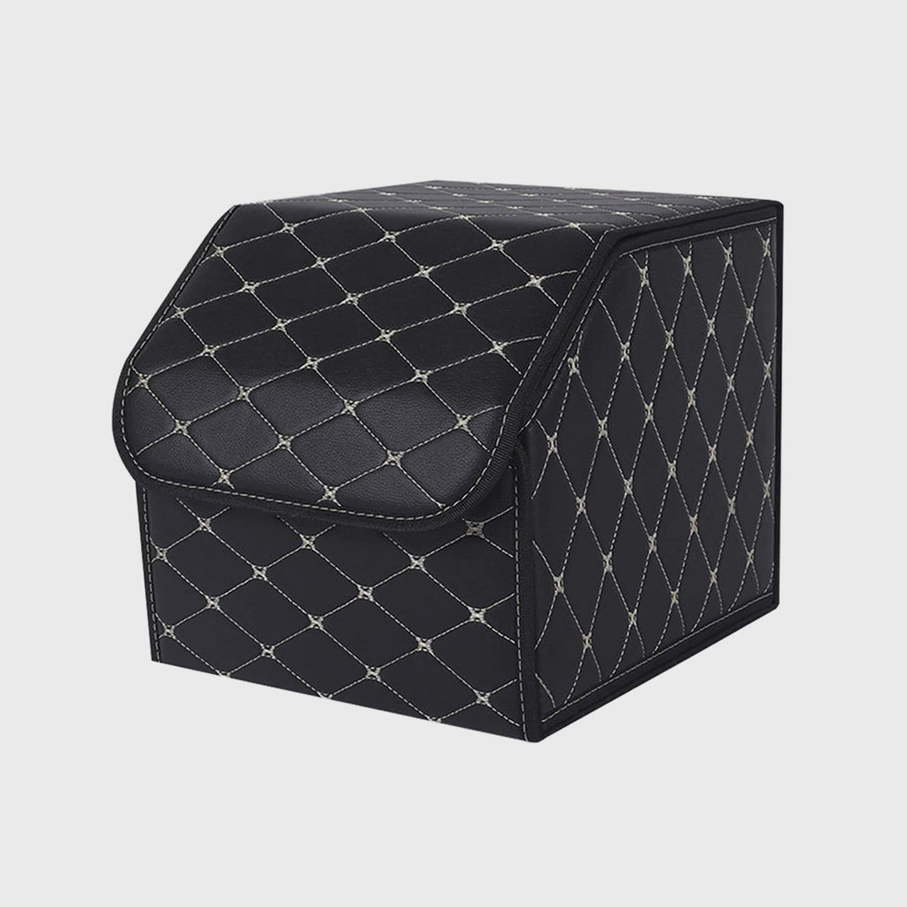 Leather Car Boot Foldable Trunk Cargo Organizer Box Black/Gold Stitch Small