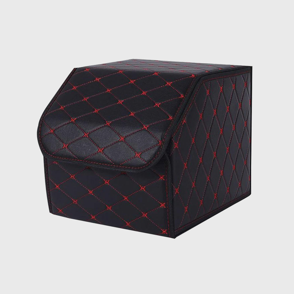 Leather Car Boot Foldable Trunk Cargo Organizer Box Black/Red Stitch Small