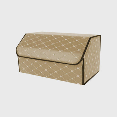 Leather Car Boot Foldable Trunk Cargo Organizer Box Beige/Gold Stitch Large