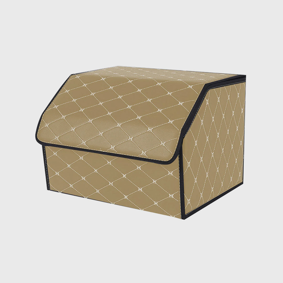 Leather Car Boot Foldable Trunk Cargo Organizer Box Beige/Gold Stitch Medium