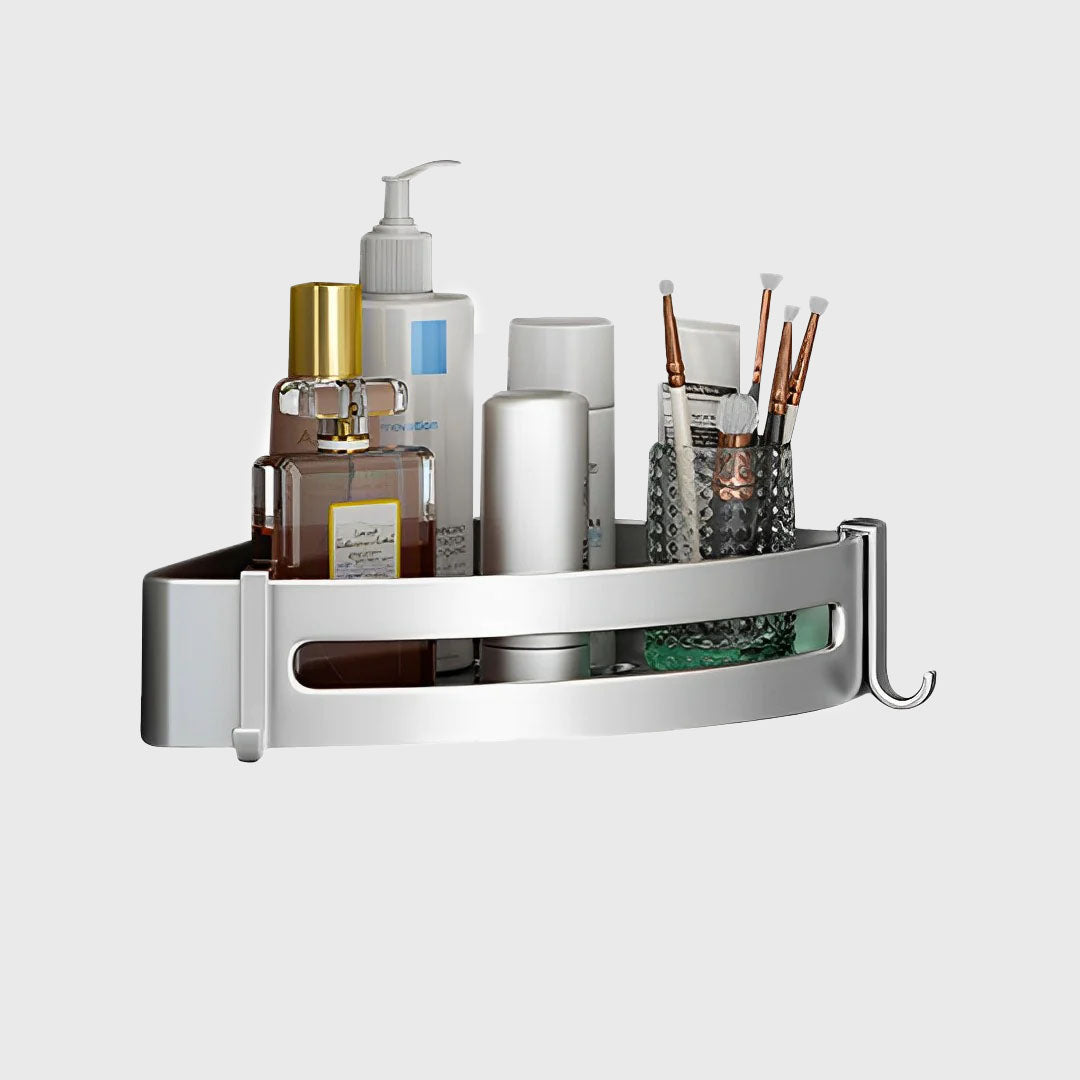 Silver Wall-Mounted Triangular Bathroom Storage Rack with Hooks