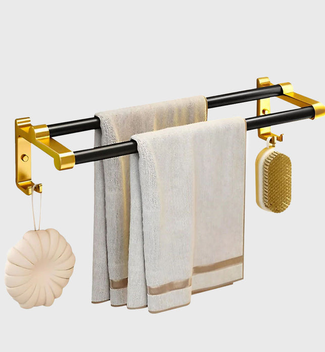 61cm Wall-Mounted Double Pole Towel Holder with Hooks