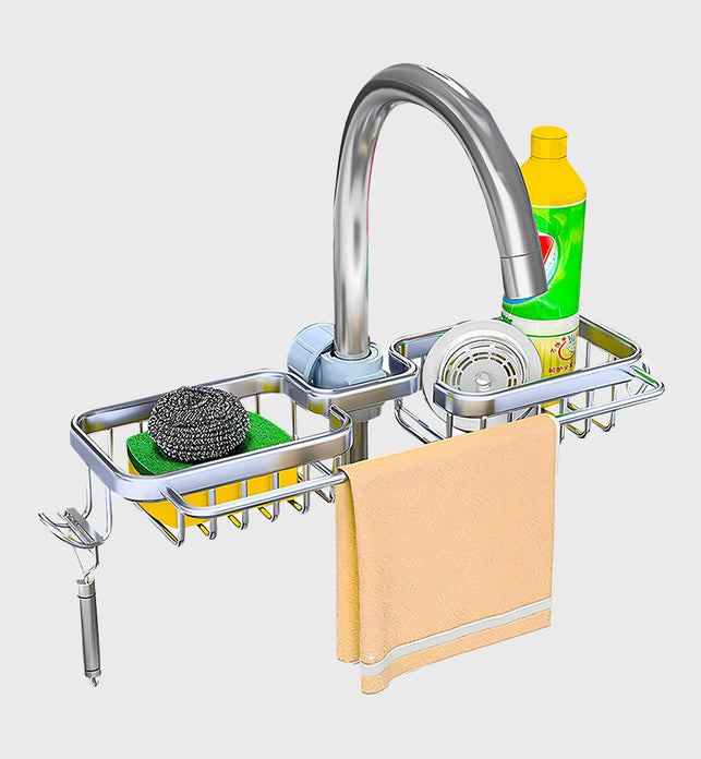 Silver Kitchen Sink Faucet Organiser with Towel Bar Holder