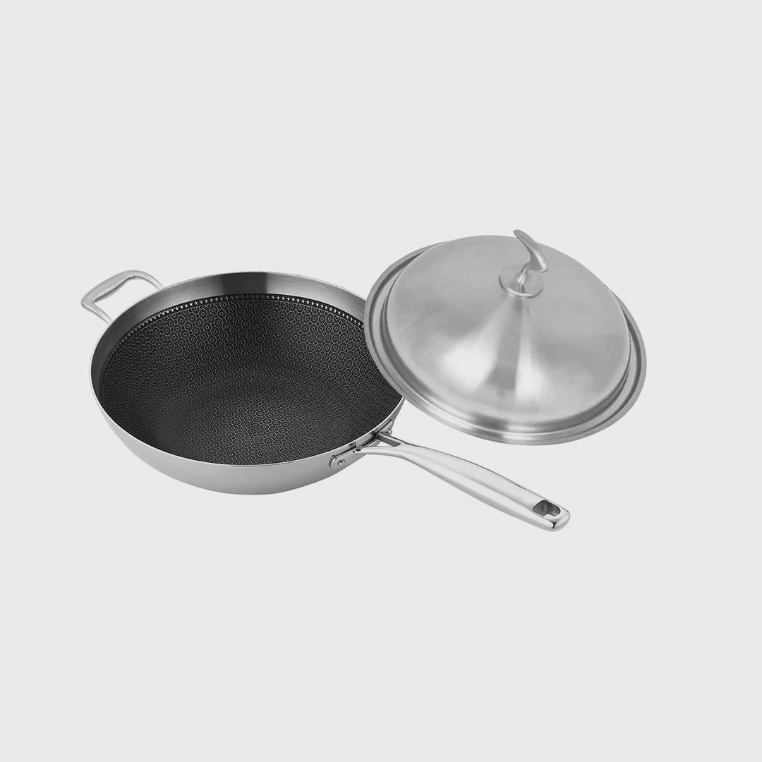 18/10 Stainless Steel 34cm Frying Pan Textured Non Stick Interior with Helper Handle and Lid