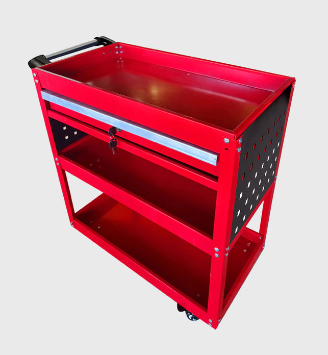 3 Tier Tool Storage Cart with Drawer and Hooks Red