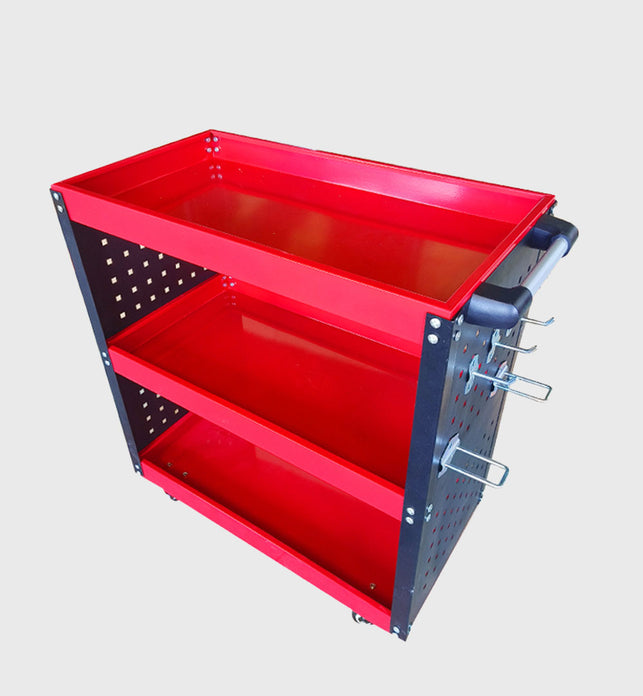 3 Tier Tool Storage Cart with Hooks Red