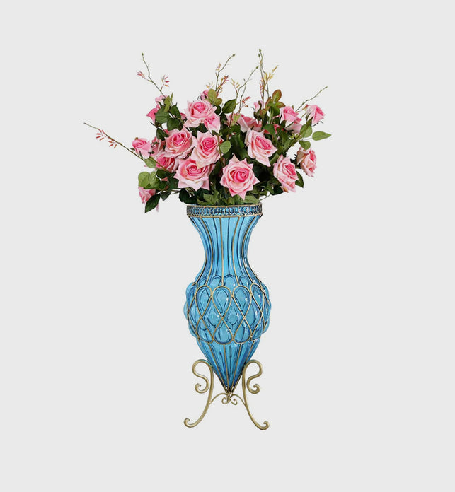 67cm Blue Glass Floor Vase and 12pcs Pink Artificial Flower Set