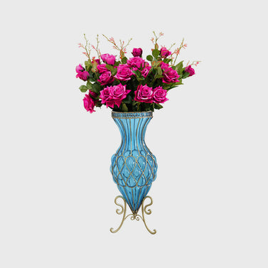 67cm Blue Glass Floor Vase and 12pcs Dark Pink Artificial Flower Set