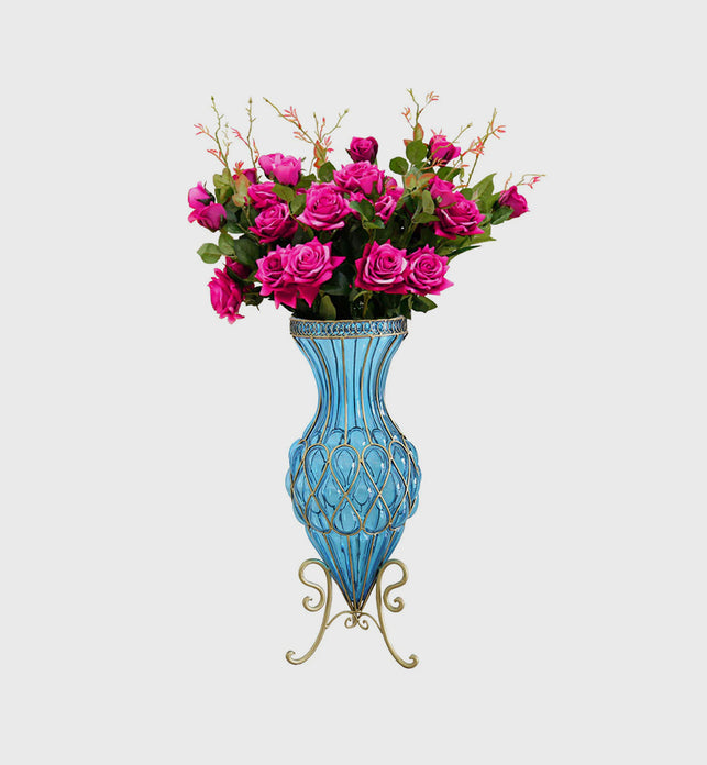 67cm Blue Glass Floor Vase and 12pcs Dark Pink Artificial Flower Set