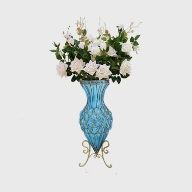 67cm Blue Glass Floor Vase and 12pcs White Artificial Flower Set