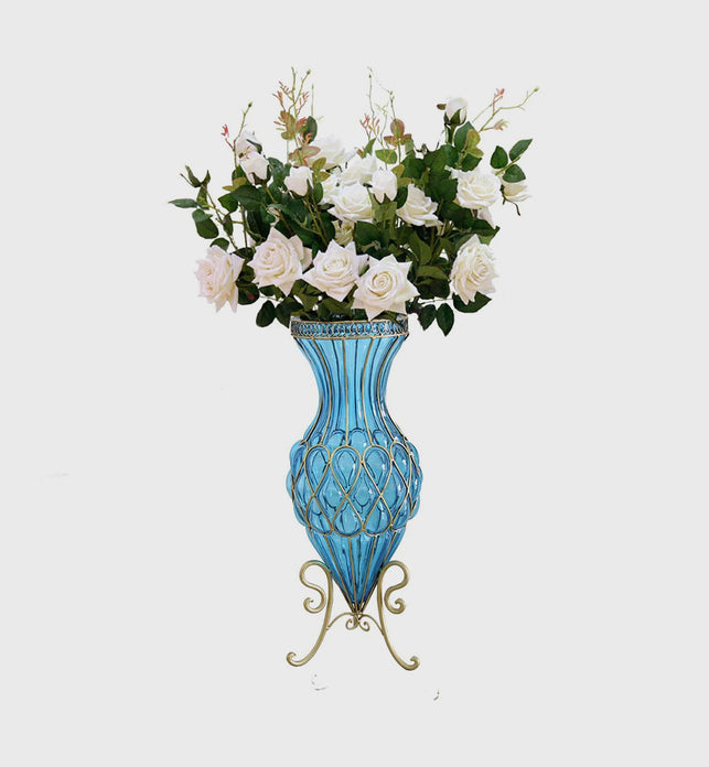 67cm Blue Glass Floor Vase and 12pcs White Artificial Flower Set