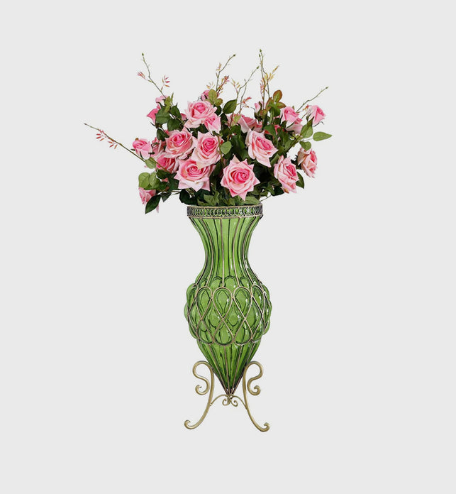 67cm Green Glass Floor Vase and 12pcs Pink Artificial Flower Set