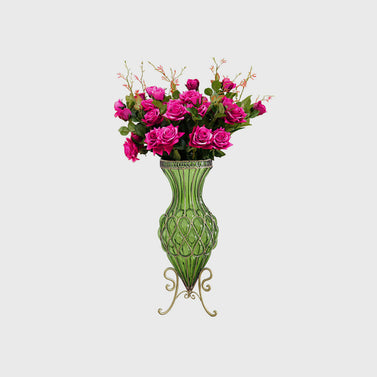 67cm Green Glass Floor Vase and 12pcs Dark Pink Artificial Flower Set