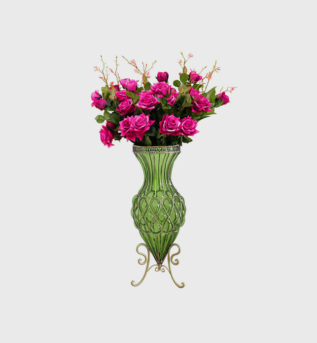 67cm Green Glass Floor Vase and 12pcs Dark Pink Artificial Flower Set