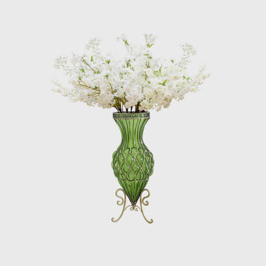 67cm Green Glass Floor Vase with 10pcs White Artificial Flower Set