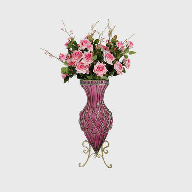 67cm Purple Glass Floor Vase and 12pcs Pink Artificial Flower Set