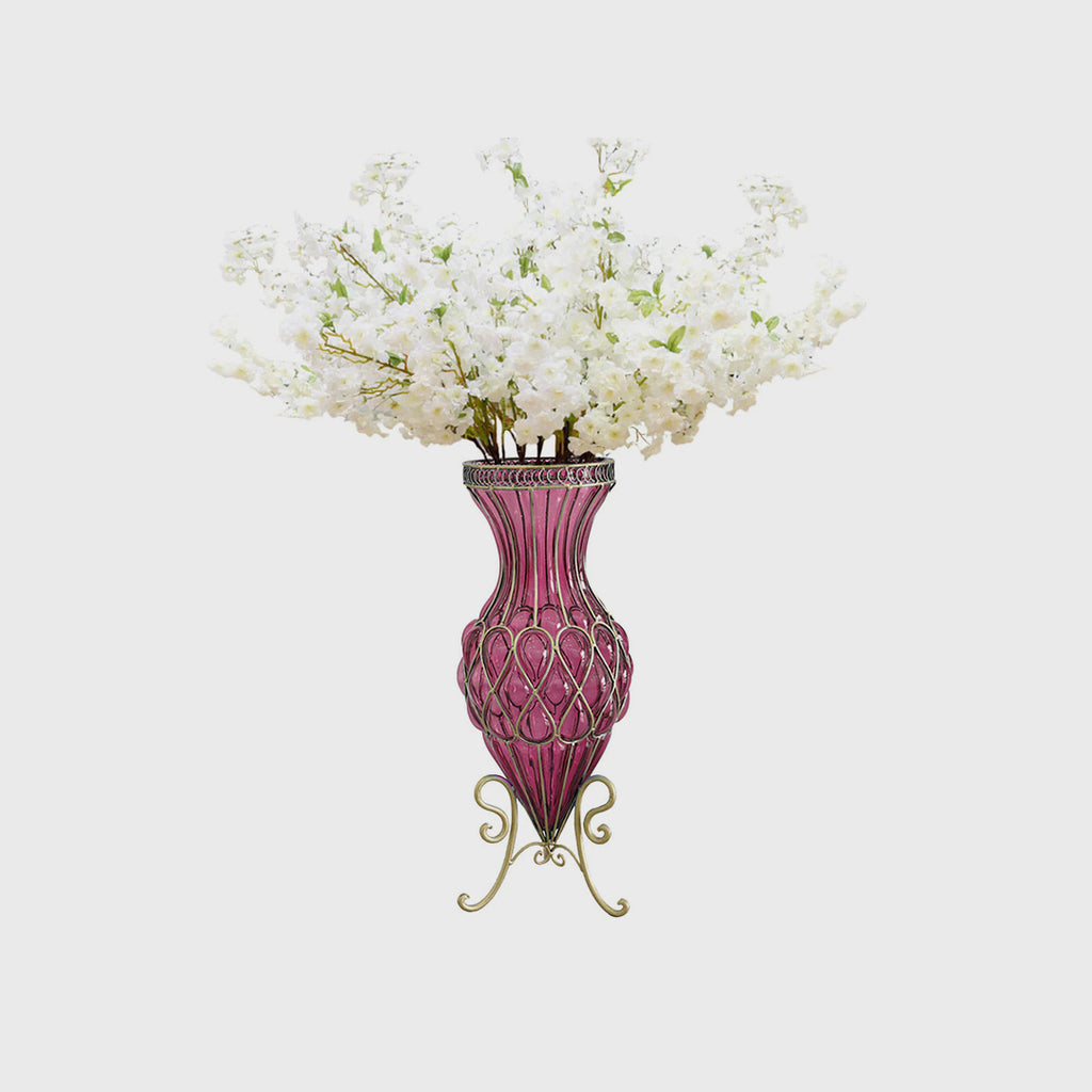 67cm Purple Glass Floor Vase with 10pcs White Artificial Flower Set