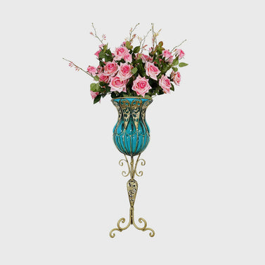85cm Blue Glass Floor Vase and 12pcs Pink Artificial Flower Set