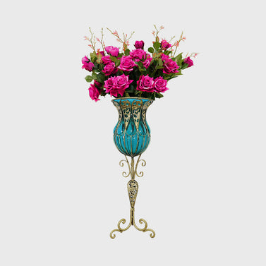 85cm Blue Glass Floor Vase and 12pcs Dark Pink Artificial Flower Set