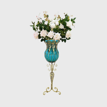 85cm Blue Glass Floor Vase and 12pcs White Artificial Flower Set