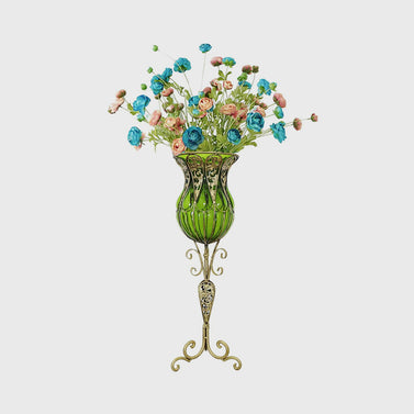 85cm Green Glass Floor Vase and 12pcs Blue Artificial Flower Set