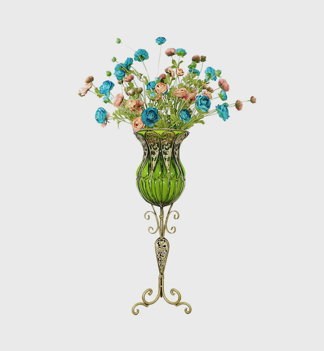 85cm Green Glass Floor Vase and 12pcs Blue Artificial Flower Set