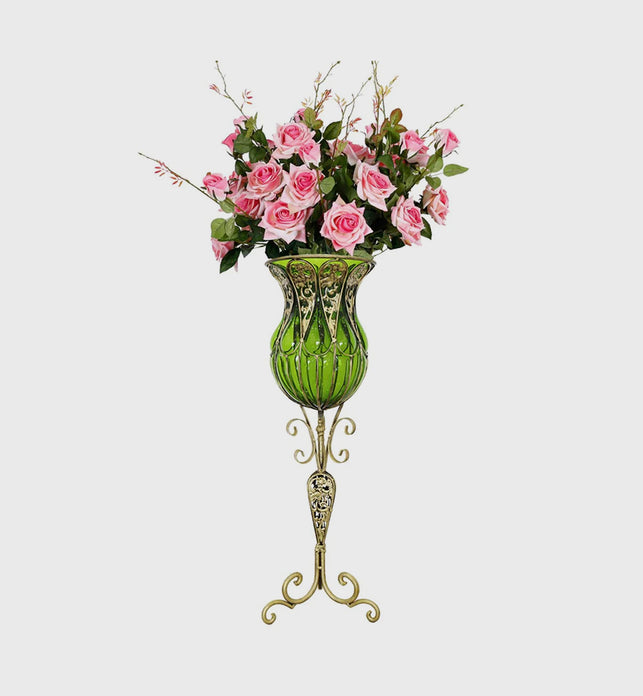 85cm Green Glass Floor Vase and 12pcs Pink Artificial Flower Set