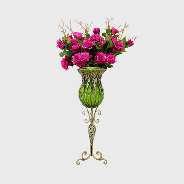 85cm Green Glass Floor Vase and 12pcs Dark Pink Artificial Flower Set