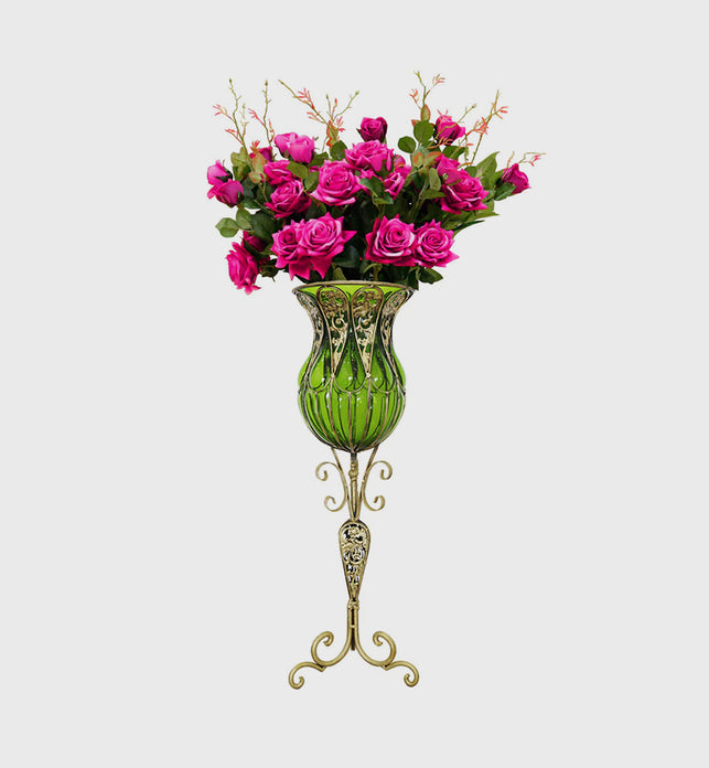 85cm Green Glass Floor Vase and 12pcs Dark Pink Artificial Flower Set