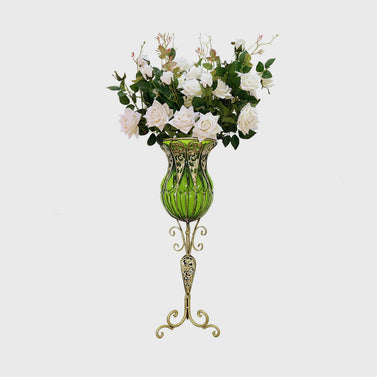 85cm Green Glass Floor Vase and 12pcs White Artificial Flower Set