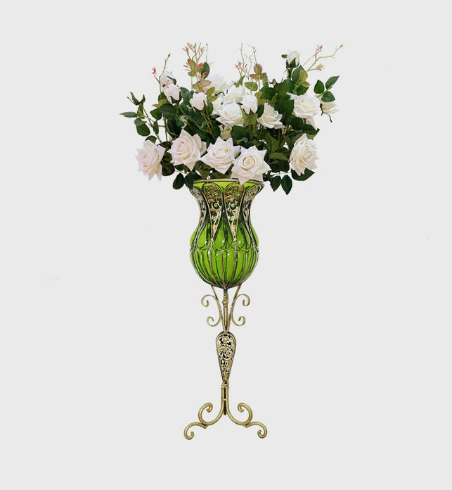 85cm Green Glass Floor Vase and 12pcs White Artificial Flower Set