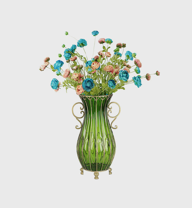 51cm Green Glass Floor Vase with 12pcs Artificial Flower Set