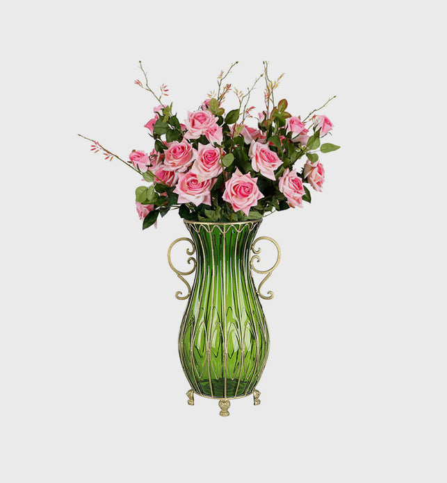 51cm Green Glass Floor Vase with 12pcs Pink Artificial Flower Set