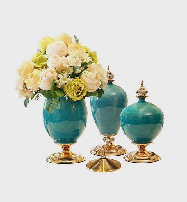 3x Ceramic Vase with Blue Flower Set Green