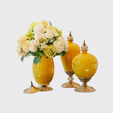 3x Ceramic Vase with Blue Flower Set Yellow