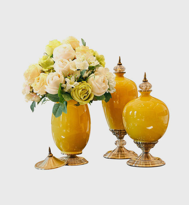 3x Ceramic Vase with Blue Flower Set Yellow