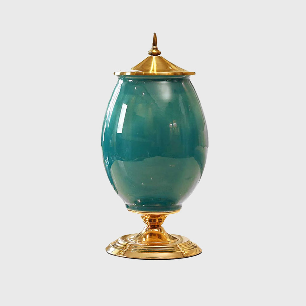 40cm Ceramic Vase with Gold Metal Base Green