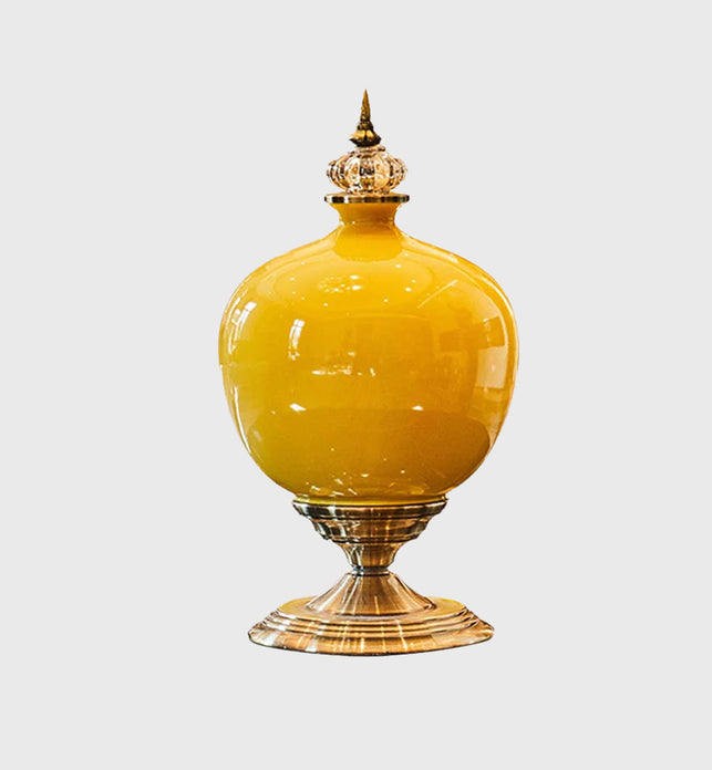 38cm Ceramic Vase with Gold Metal Base Yellow