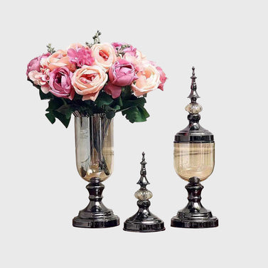 2x Clear Black Glass Vase with Lid and Pink Flower Set