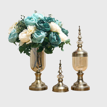 2x Clear Bronze Glass Vase with Lid and Blue Flower Set