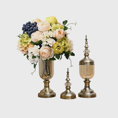 2x Clear Bronze Glass Vase with Lid and White Flower Set
