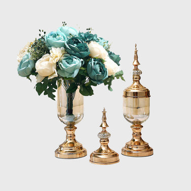 2x Clear Gold Glass Vase with Lid and Blue Flower Set
