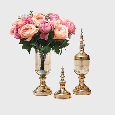 2x Clear Gold Glass Vase with Lid and Pink Flower Set