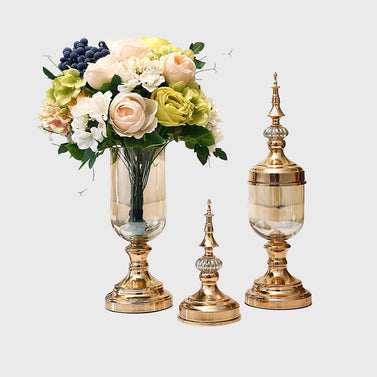 2x Clear Gold Glass Vase with Lid and White Flower Set