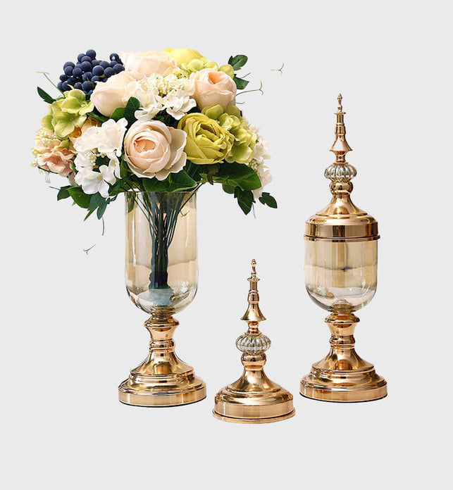 2x Clear Gold Glass Vase with Lid and White Flower Set