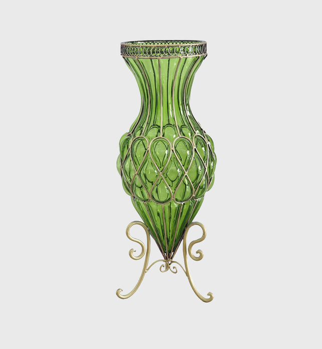67cm Green Glass Floor Vase with Metal Stand