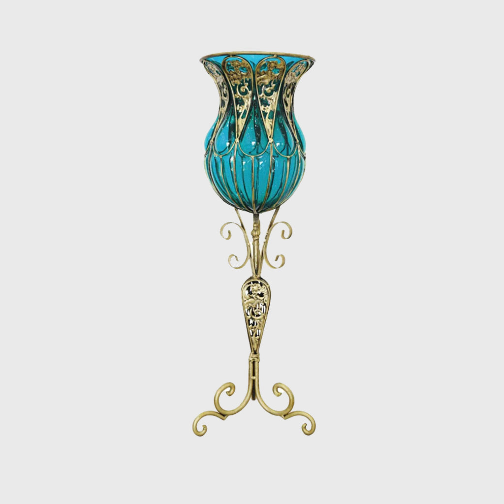 85cm Blue Glass Floor Vase with Tall Metal Stand